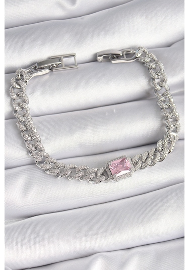 Gümüş Renk Pembe Kare Zirkon Taşlı Vıp Seri Kadın Bileklik - Ebj241130w29580 Bakır