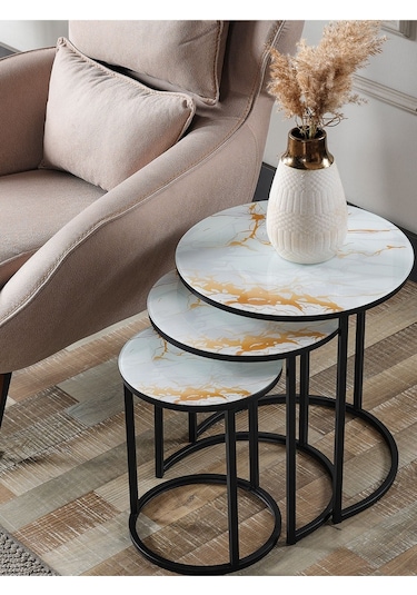 3 Lü C Zigon Sehpa Sarı Mermer Temperli Cam Siyah Ayak