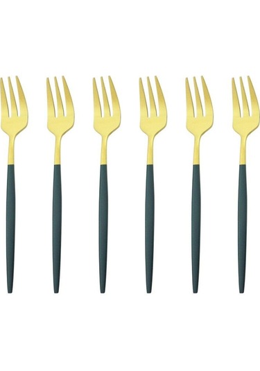 Yeşil Ve Altın 6 Adet Renkli Çatal Seti Çay Kek Aperatif Çatal Yemek Takımı Çatal Bıçak Takımı Mat Paslanmaz Çelik Sofra Tatlı Meyve Çatalı Gümüş Seti Yeşil -  Altın