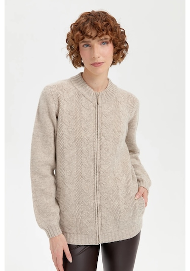 Desen Triko Kadın Dik Yaka Dikişsiz Önü Saç Örgülü Yün Hırka 24268 V.bej V.bej Bej