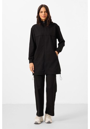 Siyah Dik Yaka Fermuarlı Pamuklu Kadın Eşofman Tunik Takım - 95346 Siyah