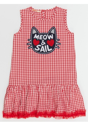 Denokids Mushi Denizci Kedi Kız Elbise Kırmızı