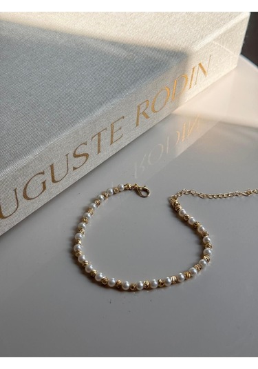 İnci Ve Altın Renk Boncuklu Kadın Halhal Ayarlanabilir Zarif Yazlık Aksesuar Altın