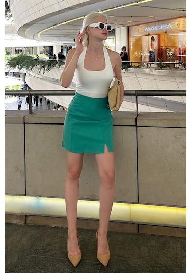 Madmext Yeşil Yüksek Bel Önden Yırtmaçlı Kısa Etek Mg2086 Yeşil