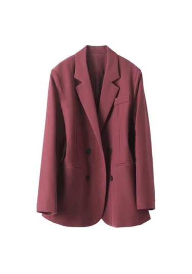 Kadın Takım Elbise Ceket Yaka Uzun Kollu Çift Sıralı Cepli Takım Elbise Ceket Düz Şarap Kırmızısı Bordo