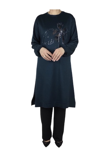 Kadın Önü Desenli Kristal İki İplik Büyük Beden Tunik Zümrüt