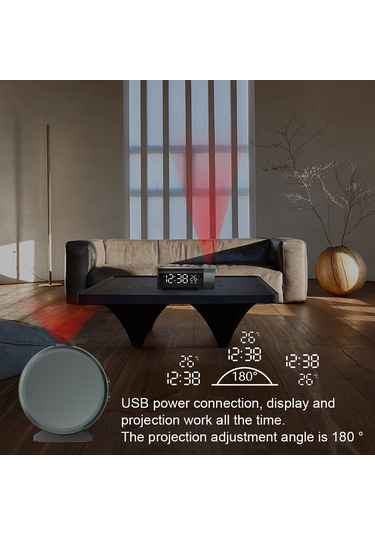 Tenfowee Fj1006a Siyah Led Projeksiyon Alarm Saati: Usb Şarj, 4 Seviye Parlaklık, Snooze, Sıcaklık Göstergesi Ve 180 Döner Projeksiyon