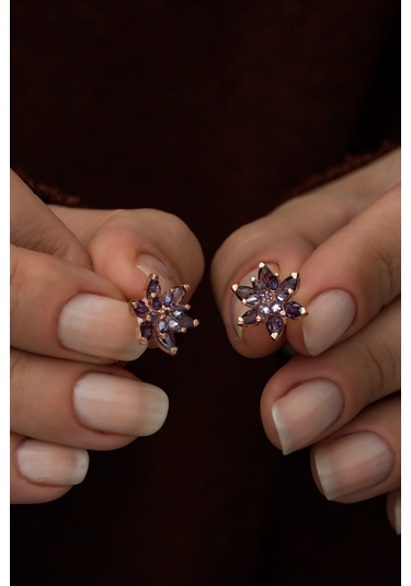 925 Ayar Mor Lotus Çiçeği Küpe Kadın Gümüş Küpe