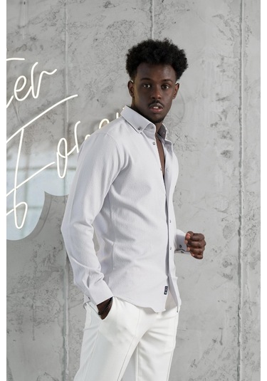 Advante Armürlü Likralı Yaka Düğmeli Slimfit Yazlık Gofre Kumaş Gömlek Gri