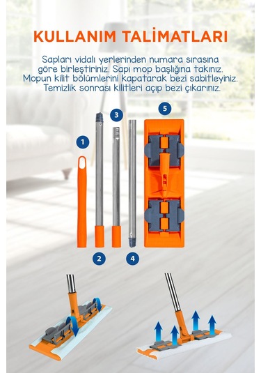 Famous+ Düz Mop Yer Temizlik Sistemi, Islak Ve Kuru Kullanım, 360 Döner Başlıklı Pratik Paspas