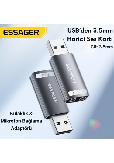 Essager Usb To 3.5mm Jack Çevirici Dönüştürücü Usbden Kulaklık Mikrofon Giriş Dönüştürücü Ses Dönüştürücü
