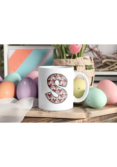 S Harfi Aşk Temalı Kupa - Kalp Desenli Kişiye Özel Romantik Sevgililer Günü Kahve Kupası Beyaz