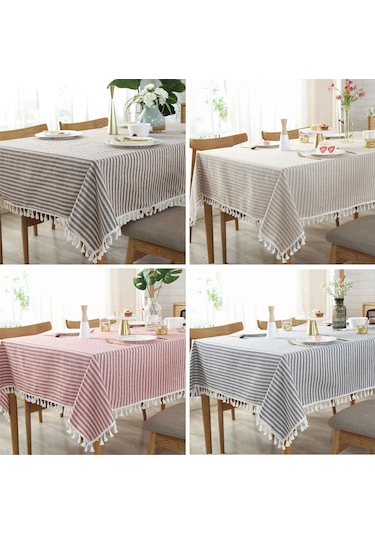 Mavi Buldan Keten Püsküllü Çi Zgi Li Masa Örtüsü