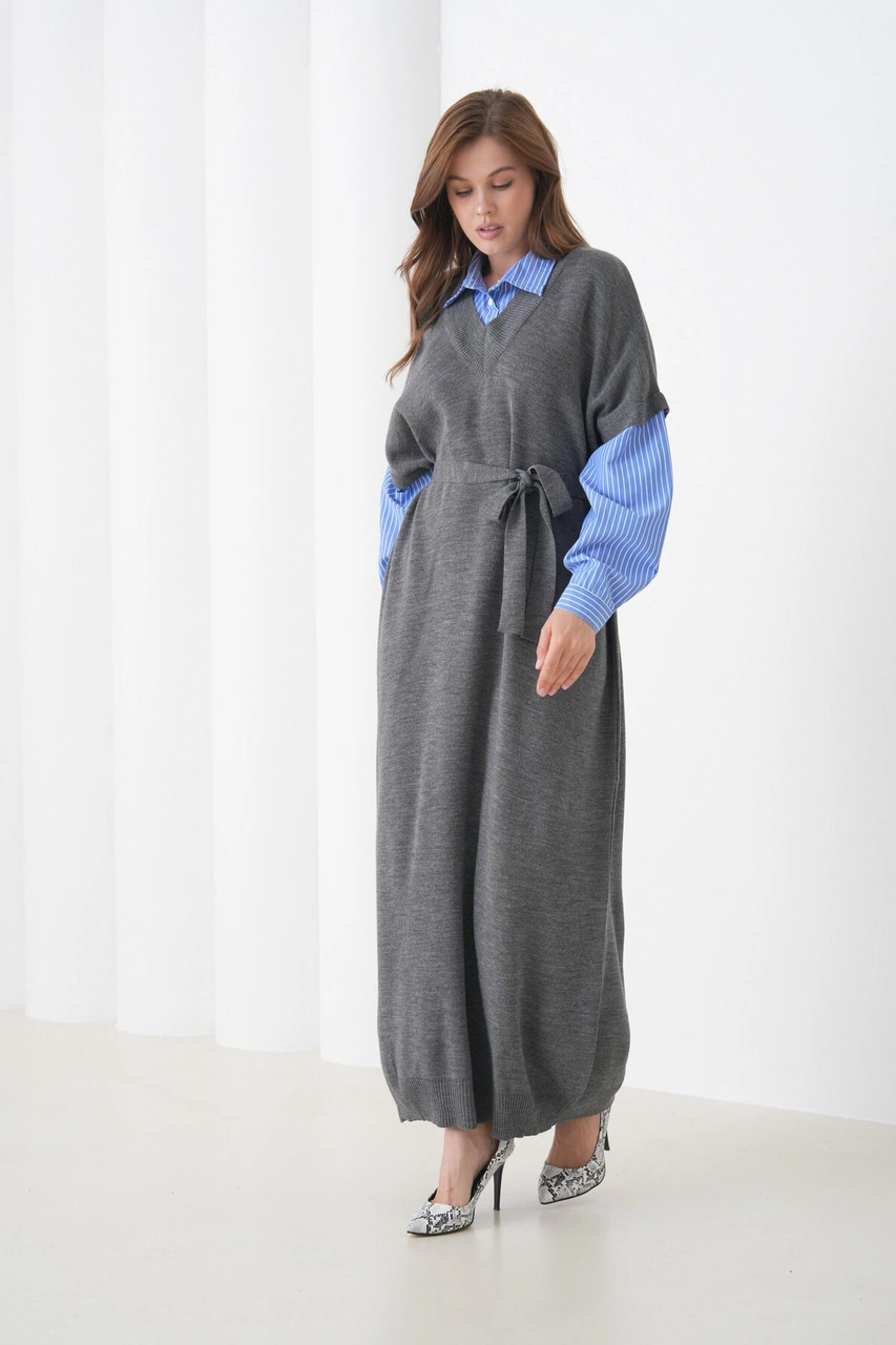 Kadın Uzun Kol Gömlek Yaka İçi Gömlekli Triko Kuşaklı Triko Spor Şık Elbise Gri