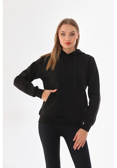 Everest Everst Kapüşonlu 3 İplik Şardonlu Kanguru Cepli Sweatshirt Siyah