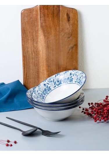 Korall Floral Pattern 550ml 4'lü Set Marul Salatası Kasesi 293896001 Beyaz