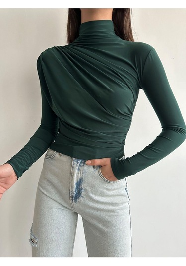 Kadın Büzgü Detaylı Dik Yaka Sandy Bluz Zümrüt