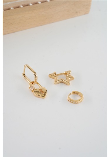 By Zeyna Aksesuar Kadın Vip Seri Antialerjik Baget Zirkon Taşlı 3'lü Küpe-5183 Altın