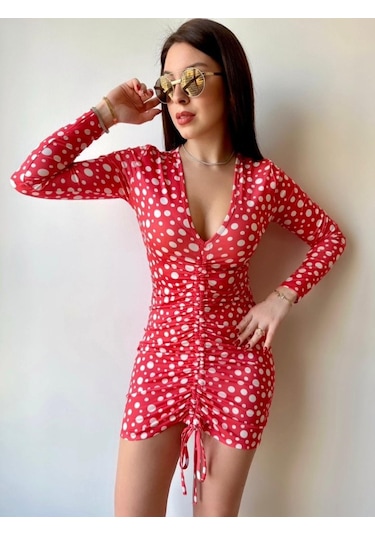 Tua Moda Kadın V Yaka Önü Asansör Büzgü Detay Fırsat Ürün Puantiyeli Mini Elbise Kırmızı - Beyaz