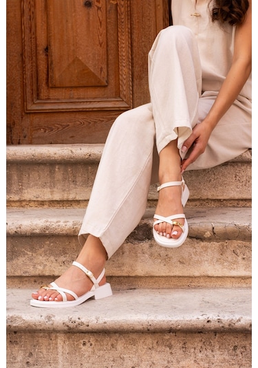 Elit Btlp01 Kadın Düz Sandalet Beyaz Beyaz