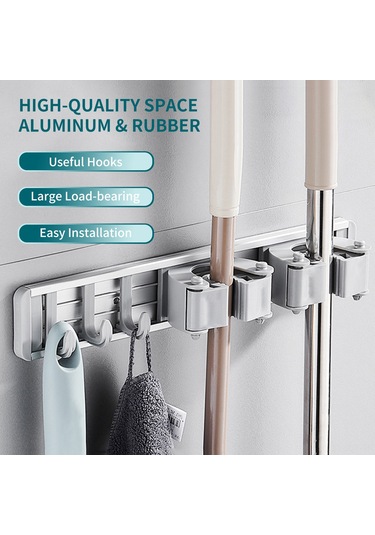 Youmex 40cm Siyah 4 Kanca Mop Tutucu, Delikli/deliksiz İki Kullanıma Uygun, Uzay Alüminyum, 12kg Yük Taşıma, Banyo/mutfak Organizatörü Siyah