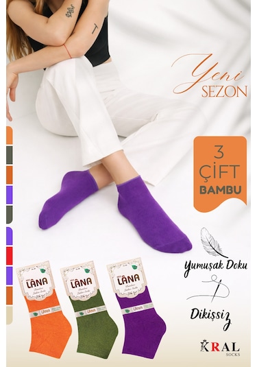 Kral Socks Kadın Bambu Patik 3 Adet Dikişsiz Kısa Yazlık Kadın Çorap Asorti