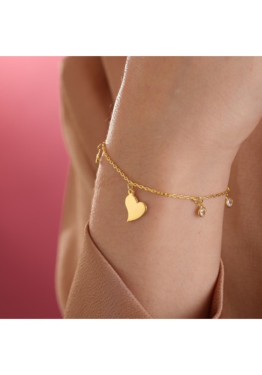 Queen Silver Jewelry 925 Ayar Gümüş. Kalp Objeli Zirkon Taş Sallantılı Bileklik Altın
