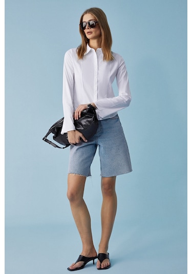 GRINNE Kadın Slim Gömlek Yaka Uzun Kollu İnce Uzun Beyaz Gömlek