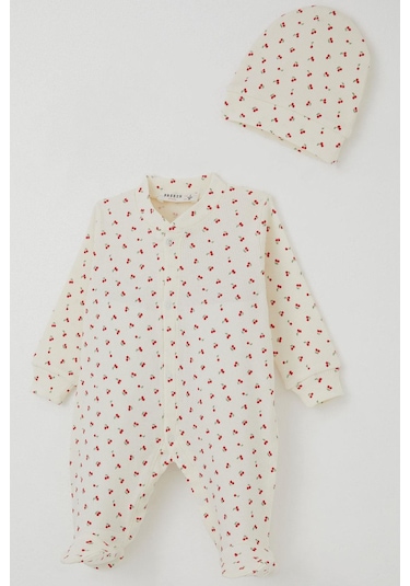 Breeze Kız Bebek Patikli Tulum Kiraz Bahçesi 0-6 Ay, Krem Krem
