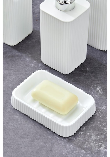 Line 5 Parça Kare Banyo Seti - Çöp Kovası Wc Fırçası Sıvı-katı Sabunluk Diş Fırçası Beyaz