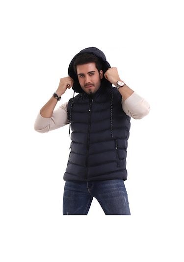 Everest Jel Dolgu Çıkartılabilen Fermuarlı Kapüşonlu Erkek Şişme Yelek Lacivert