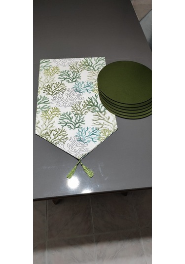 Y&S Home Tekstil Mercan Desenli Runner ve Supla Takımı 6'lı Yeşil