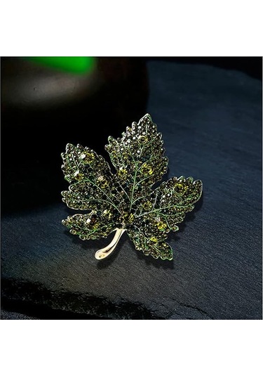 Kadınlar İçin Premium Akçaağaç Yaprağı Broşu Yapay Elmas Kristal Yeşil