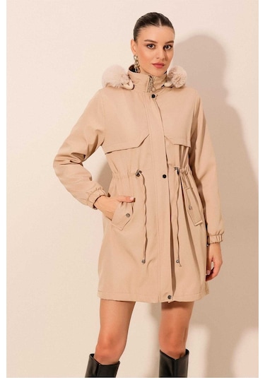 Gabria Kapüşonlu Kaban Bej