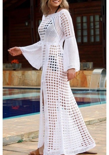 Kadın Yarasa Kol Triko Maxi Boy Pareo Beyaz