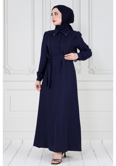 İnci Detaylı Kuşaklı Tesettür Elbise-lacivert-3585-lacivert Lacivert