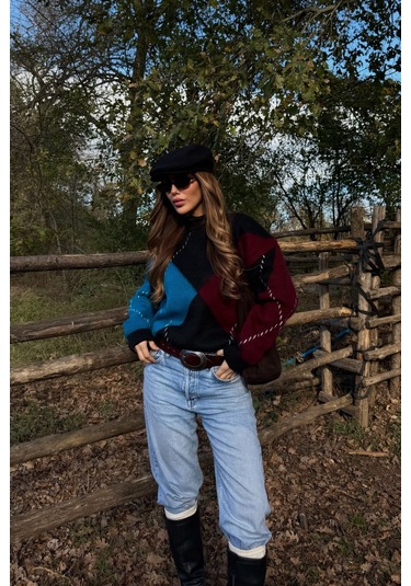 Mavi - Bordo Baklavalı Kazak - 7183 Mavi - Bordo