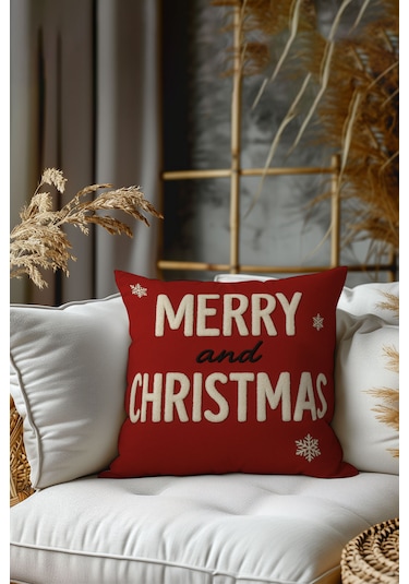 2 Li Yılbaşı Desenli, Çift Taraflı Baskı, Kırlent Kılıfı Seti Beyaz-Kırmızı