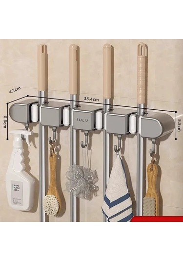 Teltree Duvar Montajlı Süpürge Tutucu, Delme Yok Kurulum, 4 Klem 5 Kanca, Su Geçirmez, Silikon Kaplama, Ev/banyo/balkon Depolama Rakı, Klasik Gri Gri