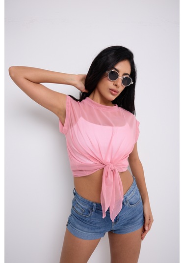 Önü Bağlamalı Tül Bluz Toz Pembe