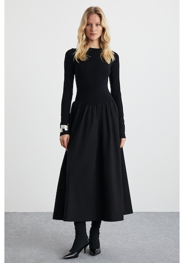 GRIMELANGE Pani Kadın Maxi Boy Etek Kısmı Dokuma Poplin Kloş Üst Kısmı Esnek Viskon Elastan Şık Siyah Elbise Siyah