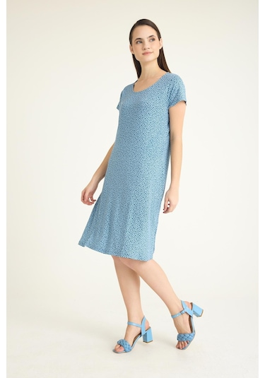 Dökümlü Rahat Kalıp Günlük Penye Kumaş Elbise Mavi