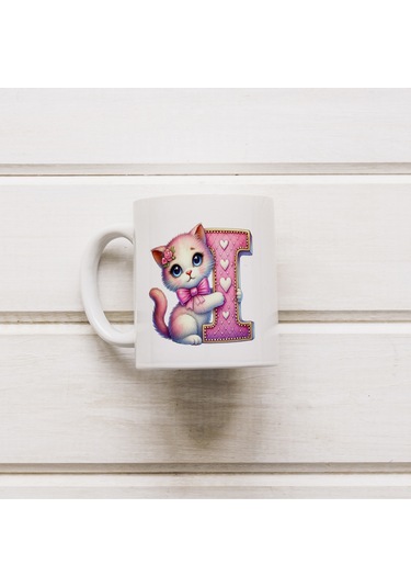 I Harfli Bardak, Sevimli Kedili Pembe Tasarım Bardak, Arkadaşa Aileye Hediye Porselen Beyaz