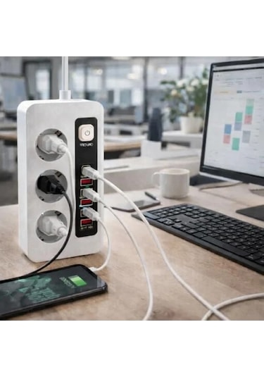 3500w Akım Korumalı Çoklu Priz, 3 Priz Girişi, 2 Type-c + 4 Usb Port 0