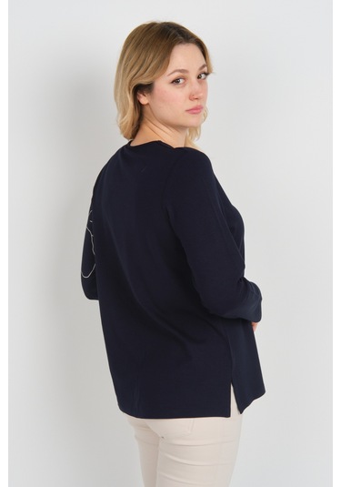 Detay Triko Kadın Boncuk İşlemeli Desenli Uzun Kol Anne Bluz 5737 Lacivert Lacivert