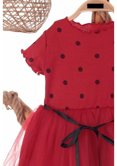 Puantiyeli Kırmızı Doğum Günü Ve Özel Günler İçin Kız Çocuk Tüllü Elbise 2-7 Yaş Aralığı Kırmızı