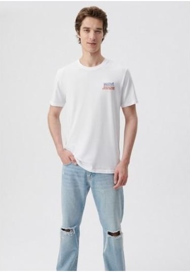Mavi M066841-620 Beyaz Erkek Mavi Baskılı T-shirt Beyaz