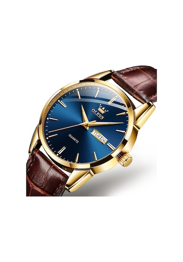 Olevs 6898 Erkekler Moda Su Geçirmez Çift Takvim Kuvars Saat Kahverengi Mavi