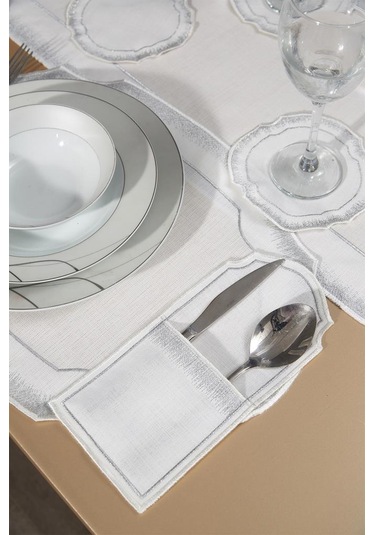 Aslı Keten Nakışlı Amerikan Servis Takımı 19 Parça Silver Gümüş