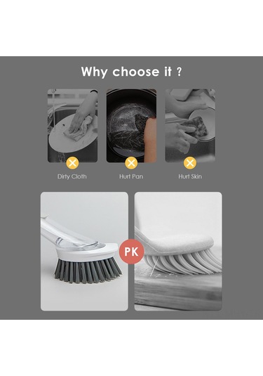 Monyee Otomatik Sabun Dağıtan Mutfak Temizlik Fırçası - Uzun Kolu, 2 Fırça + 2 Sponge Ucu İle Tabak, Tencere Temizliği Kolaylığı - Açık Gri